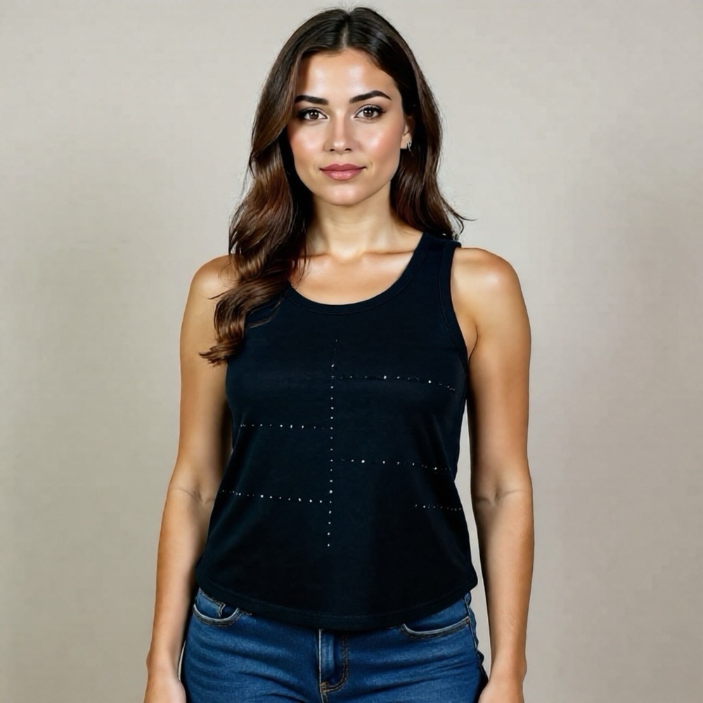 Moon Collection Sleeveless Top High Low Sheer Rhinestone Black Size S Loose Fit